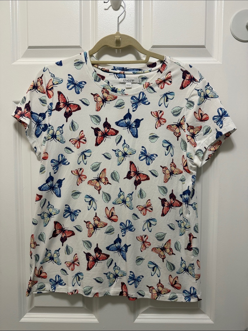 Chico's White Tee with Multicolor Butterfly Print
